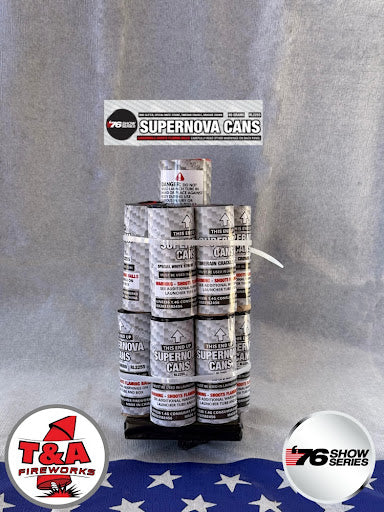 Stack of 'Supernova Cans' with T&A Fireworks branding on a gray background