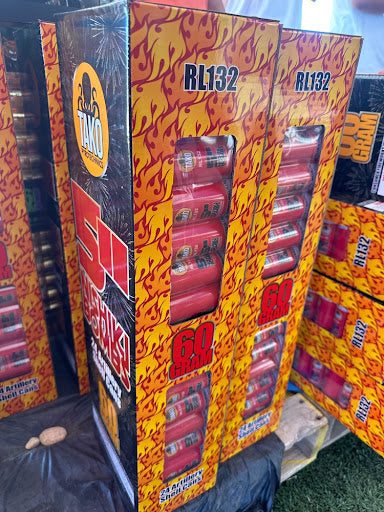 Large box of Red Lance fireworks with visible branding and product details.